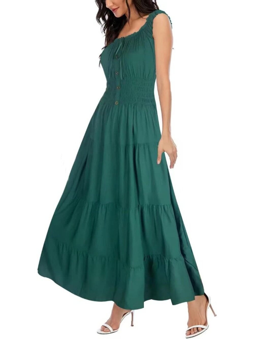 Women's Dark Green Boho Floral Maxi Summer Flowy Tiered Casual Long Dress
